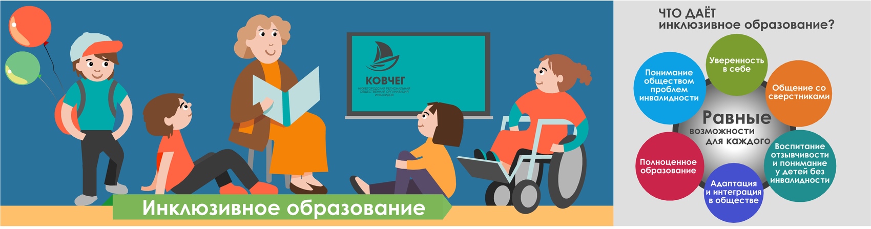 Инклюзивное образование — иллюстрация: дети и педагоги в инклюзивном классе
